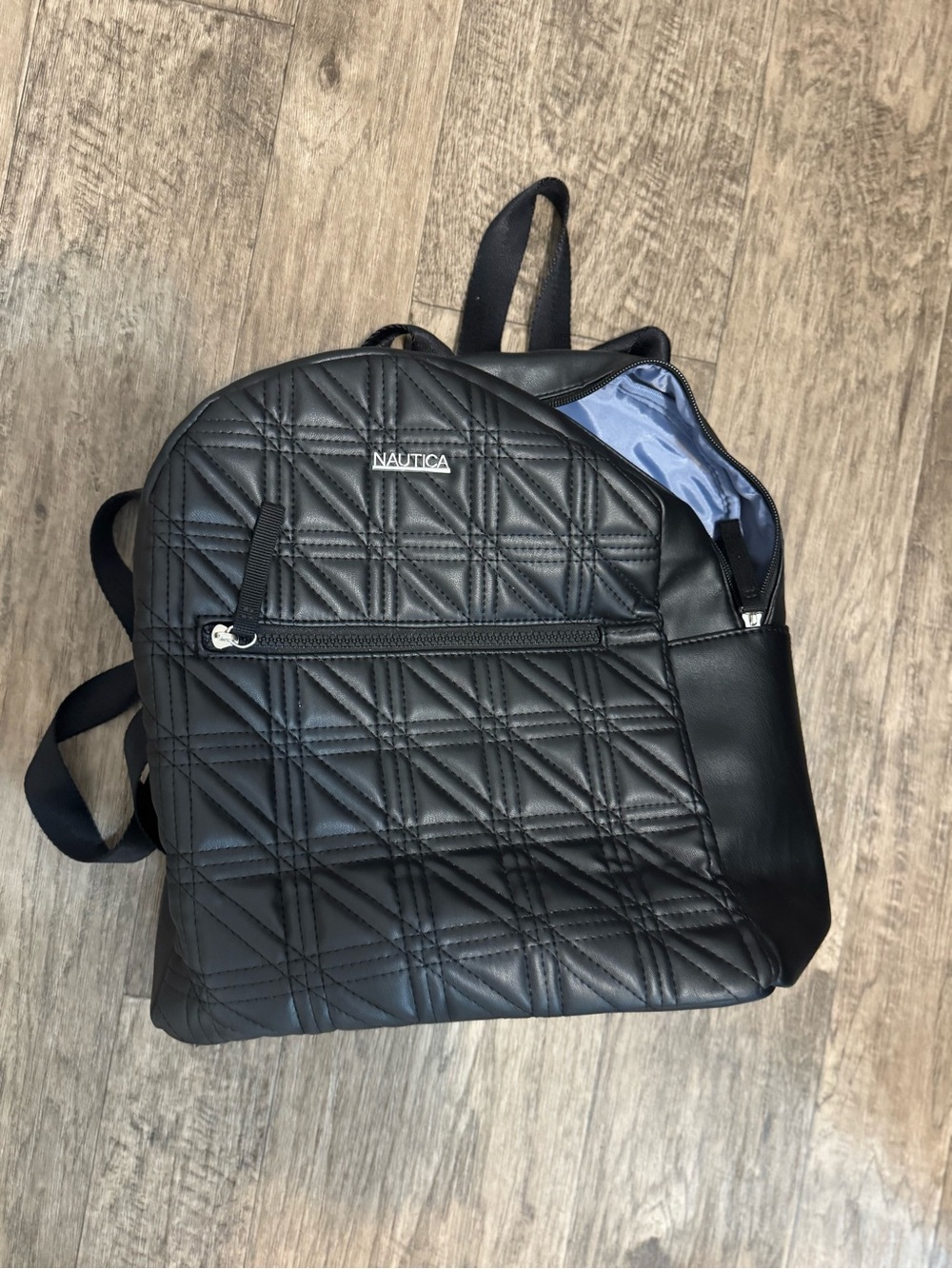 Nautica Black Quilted Faux-Leather Backpack with Silver Logo